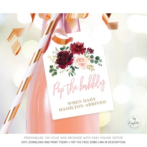 Baby Shower Champagne Tags, Printable Baby Shower Champagne Bottle Tag Template, Bubbly, Favor Tag, Girl, Burgundy Pink Floral, MCP816, CJB