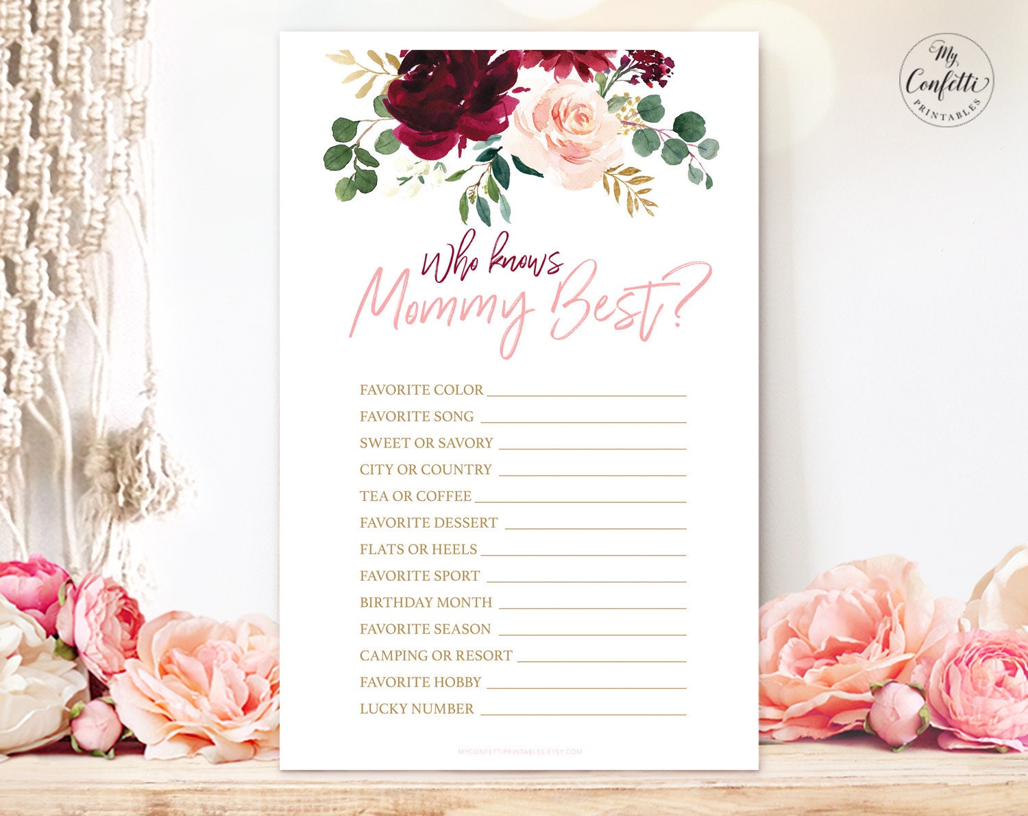 Instant Download Bridal Shower or Baby Shower Game Printable Game Find the Guest Game Editable Game with Burgundy and Blush Flowers
