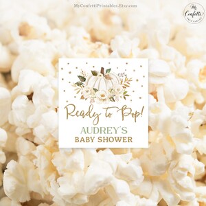 Ready to Pop Favor Label or Tag, Editable Baby Shower Favor Square Tag Template, Popcorn Favor, White Pumpkin, Fall, Printable, MCP110, CJB