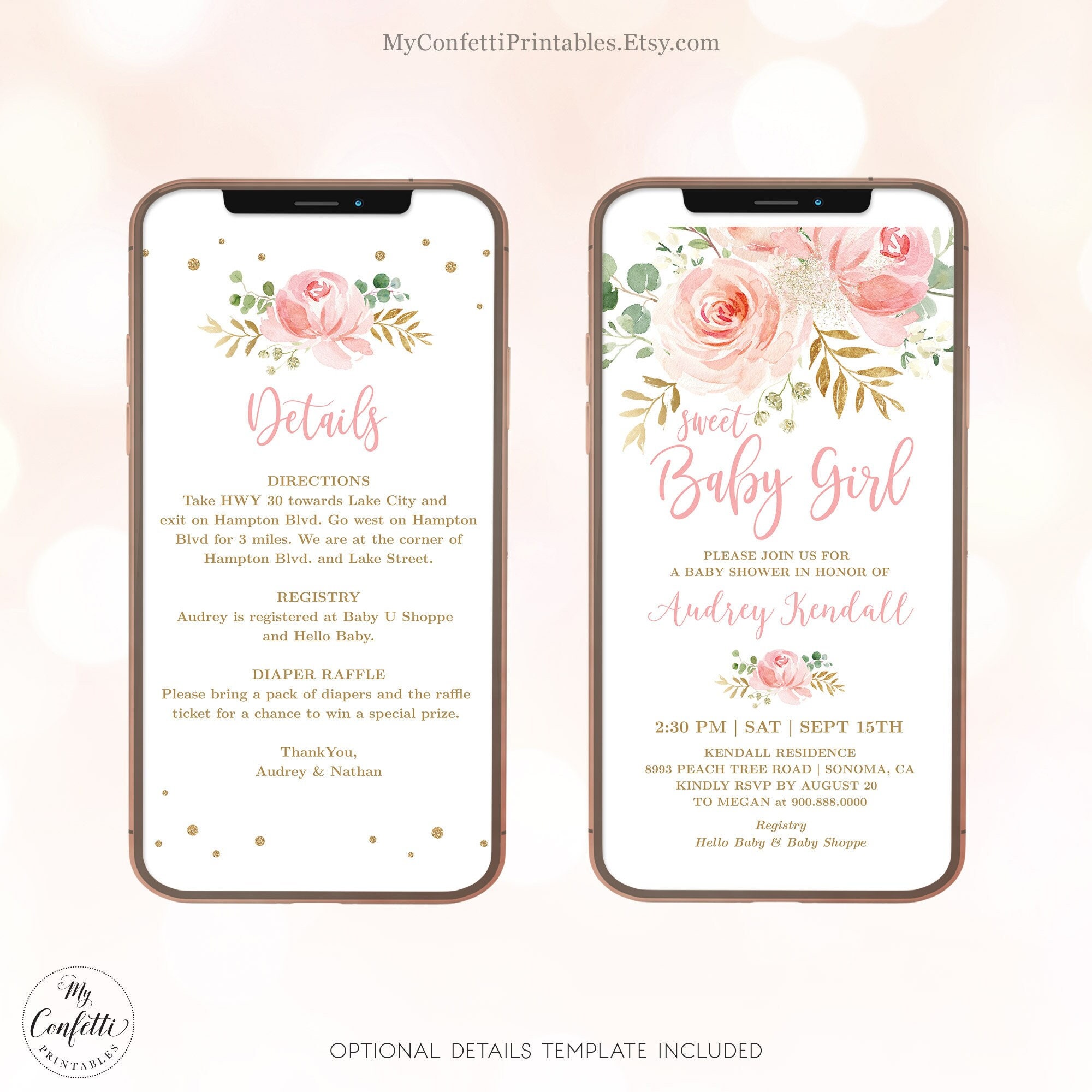 DIGITAL Baby Shower Invitation, Electronic Girl Baby Shower Invite,  Editable, Textable, Sweet Baby Girl, Blush Pink Floral, MCP820, CJB - Etsy, image size:2000x2000