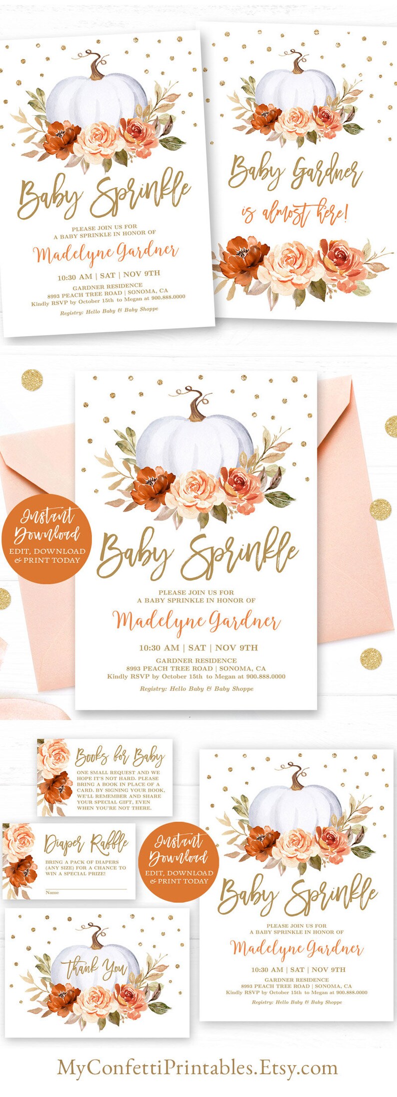 May include: A set of printable baby shower invitations with a fall theme. The invitations feature a white pumpkin with orange and peach flowers, gold glitter, and the text "Baby Sprinkle" and "Madelyne Gardner".