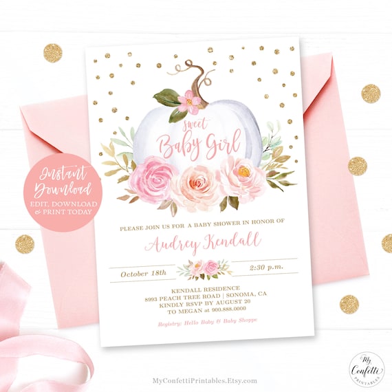 White Pumpkin Baby Shower Invitation Girl, Printable Fall Baby Shower Template, EDITABLE, Blush, Fall, Autumn, Sweet Baby Girl, MCP826, CJB