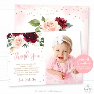 Birthday Photo Thank You Card, Editable Photo Birthday Thank You Card Template, Printable, Girl, One, Pink Burgundy Floral, MCP817, CJB