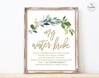 My Water Broke Baby Shower Game Sign, Greenery Baby Shower Game Sign, Baby Shower Activities, Neutral, Greenery, MCP813, MCP814