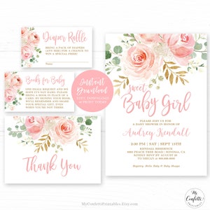 Blush Baby Shower Invitation Girl, Printable Girl Baby Shower Invitation Bundle, EDITABLE, Template, Sweet Baby Girl, Floral, MCP820, CJB