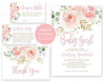 Blush Baby Shower Invitation Girl, Printable Girl Baby Shower Invitation Bundle, EDITABLE, Template, Sweet Baby Girl, Floral, MCP820, CJB
