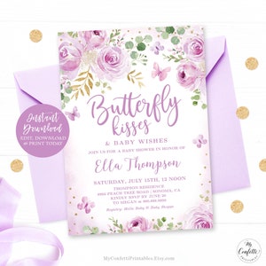 Editable Baby Shower Invitation Template, Butterfly Kisses & Baby Wishes, Printable, Invite, Lavender, Lilac, Purple, Floral, MCP104, CJB