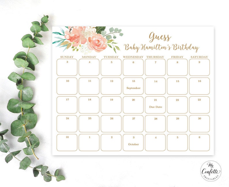 Peach floral baby due date calendar game sign printable baby etsy