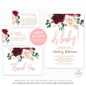 Pink Burgundy Floral Baby Shower Invitation Template, EDITABLE, Printable Baby Shower Invitation Girl Bundle, Blush, Oh Baby, MCP816, CJB