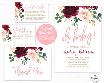 Pink Burgundy Floral Baby Shower Invitation Template, EDITABLE, Printable Baby Shower Invitation Girl Bundle, Blush, Oh Baby, MCP816, CJB
