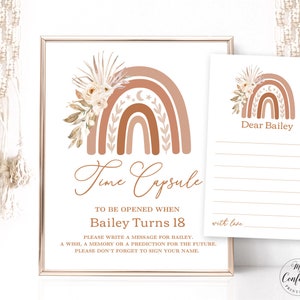 Time Capsule Sign and Message Cards, Editable Birthday Time Capsule Sign, Boho Rainbow, Terracotta, MCP89, CJB