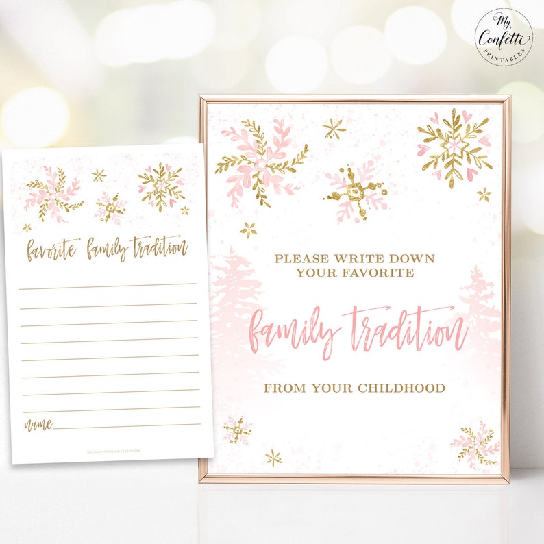 Printable Baby Shower Activity Family Tradtions Sign and Cards Winter Game Family Traditions Sign and Card Template Snowflake MCP842