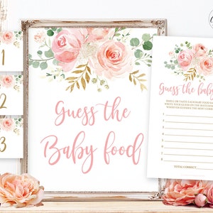 Printable Guess the Baby Food Game, Baby Shower Game, Blush Pink Floral, Gold, Girl Baby Shower Party Games, MCP820