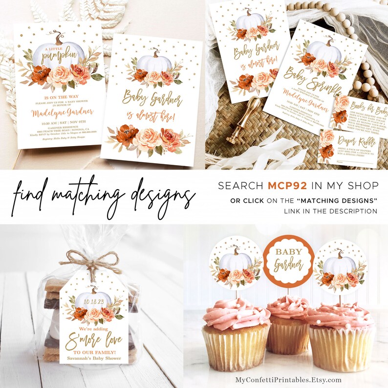May include: A set of printable baby shower decorations featuring a white pumpkin with orange and white flowers. The decorations include invitations, cupcake toppers, and a favor tag. The text on the invitations reads "Baby Gardner is almost here!" and "S'more love to our family!"
