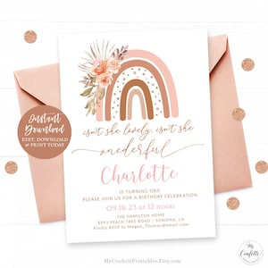 Onederful Pink Boho Rainbow First Birthday Invitation, Printable Birthday Invitation Template, EDITABLE, Boho, Girl Birthday, MCP88, CJB