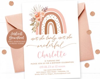 May include: A pink and brown rainbow with gold accents and floral details. The text "isn't she lovely, isn't she one-derful Charlotte is turning one" is on the invitation. The invitation also includes the date and time of the event, the location, and the RSVP information.