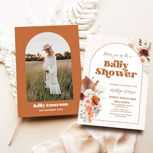 Editable Baby Shower Invitation Template, Printable, Invite, Boho Floral, Pampas, Arch, Terracotta, Rust Orange, Boy, Girl, MCP112, CJB