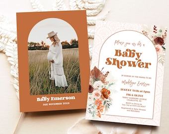 Editable Baby Shower Invitation Template, Printable, Invite, Boho Floral, Pampas, Arch, Terracotta, Rust Orange, Boy, Girl, MCP112, CJB