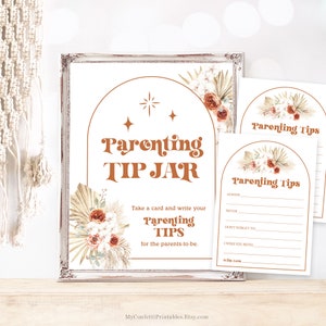 May include: A printable sign for a baby shower or gender reveal party. The sign is white with brown text and features a floral design with a peach, white, and brown color scheme. The sign says "Parenting Tip Jar" and includes instructions for guests to write parenting tips for the parents-to-be.