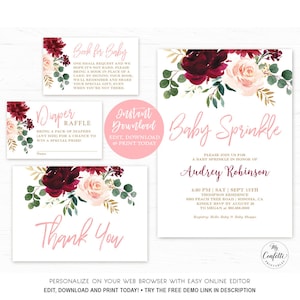 Burgundy Floral Baby Sprinkle Invitation Template, EDITABLE, Printable Baby Sprinkle Invitation Bundle,  Plum, Blush, Pink, MCP816, CJB