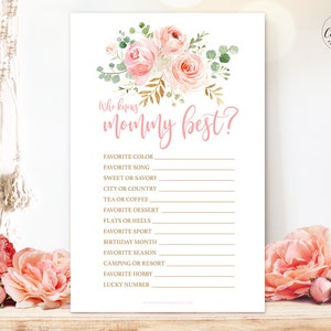 Who Knows Mommy Best, Printable Baby Shower Game,  Blush Pink Floral, Gold, Girl Baby Shower Party Game, MCP820