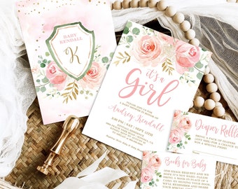 May include: Pink and gold baby shower invitation with floral design. The invitation says "It's a Girl" and includes the name "Audrey Kendall".