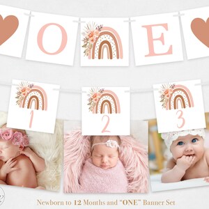 May include: A pink and brown rainbow baby milestone banner with the letters "ONE" and numbers 1, 2, and 3. The banner is decorated with floral accents.