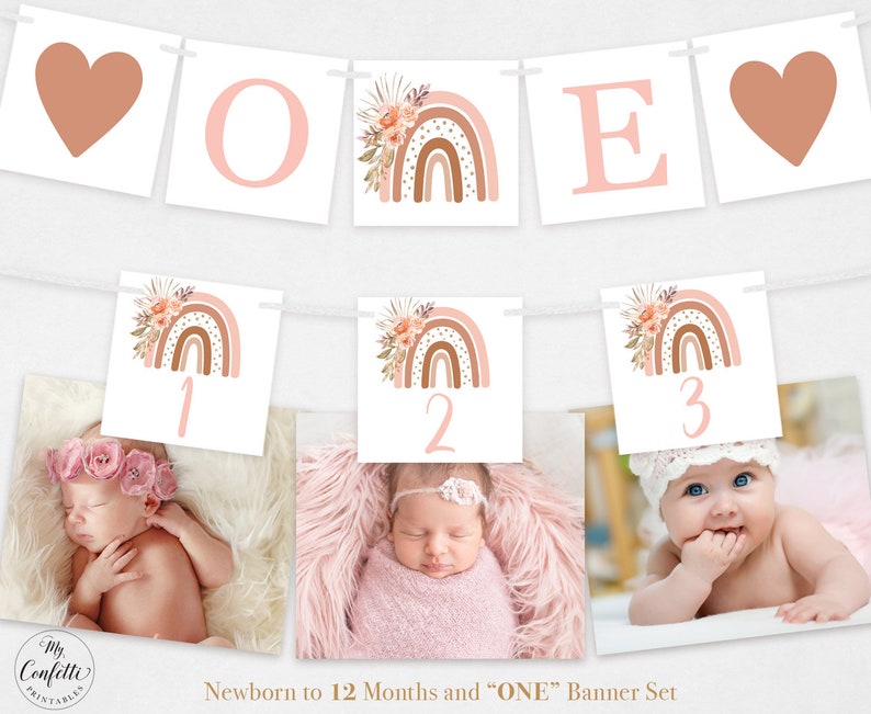 May include: A pink and brown rainbow baby milestone banner with the letters "ONE" and numbers 1, 2, and 3. The banner is decorated with floral accents.