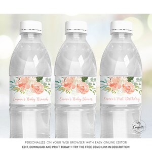 Peach Floral Water Bottle Lables, Printable Water Bottle Label Template, Editable Text, Gold, MCP808, MCP809, MCP810. MCP811, MCP12