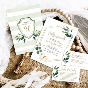 Greenery Baby Sprinkle Invitation Template, EDITABLE , Printable Baby Sprinkle Invitation Bundle, Modern Greenery, MCP813, MCP814, CJB