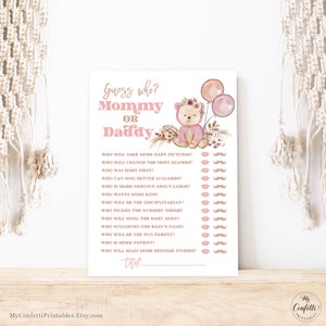 Printable Guess Who Mommy or Daddy Game Cards, Boho Bear Baby Shower Game, Baby Shower Party Games, Pampas, Pink, Beige, Girl, Fall, MCP109