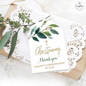 Greenery Christening Favor Tags, Printable Christening Thank You Favor Tag Template, Editable, MCP831, CJB