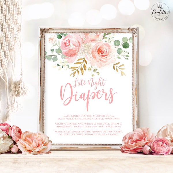 Baby Shower Game Sign, Late Night Diapers, Printable Baby Shower Game, Baby Shower Activities, Girl, Blush Pink Floral, MCP820