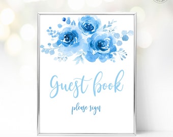 Baby Shower Guest Book Sign, Printable Party Guest Book Sign, Blue Floral, Boy Baby Shower, 8x10, MCP93
