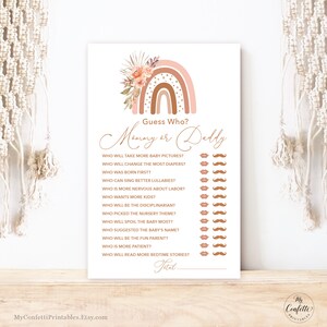 Guess Who Mommy or Daddy Game, Pink Boho Rainbow, Printable Baby Shower Game Card, Girl Baby Shower Game, Peachy Pink, Floral, MCP103