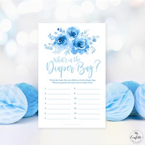 Printable What&#39;s in the Diaper Bag Game, Baby Shower Game, Blue Floral, Boy Baby Shower Party Games, MCP93
