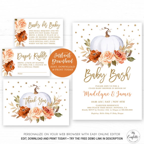 Pumpkin Baby Bash Invitation Bundle Co Ed Baby Shower Etsy 日本