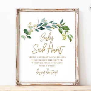 Baby Sock Hunt Game Sign, Printable Baby Shower Game, Greenery, Baby Shower Activities, Neutral, Greenery, MCP813, MCP814
