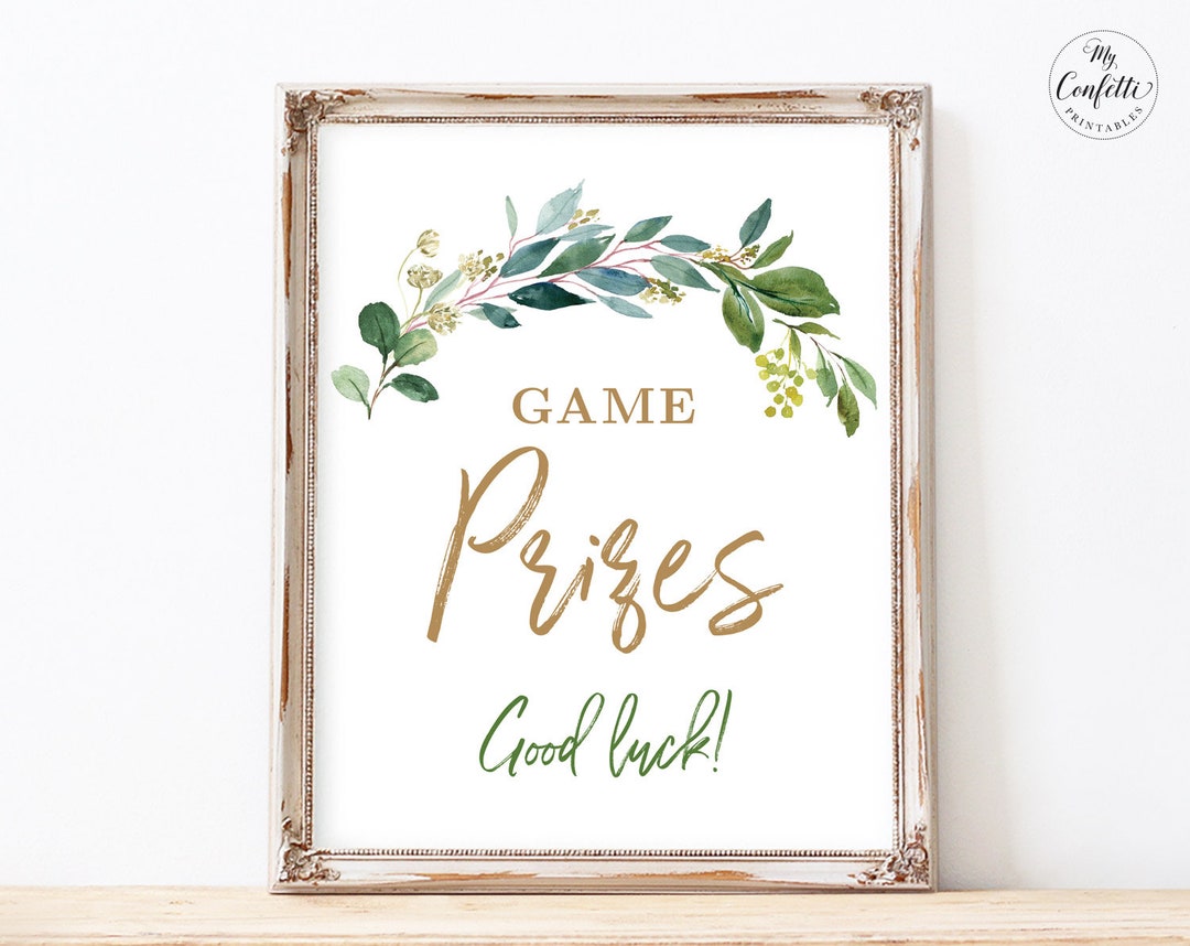 Game Prizes Sign, Printable Game Table Sign, Prizes Sing, Greenery