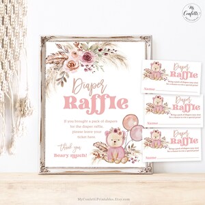 Printable Diaper Raffle Sign and Tickets, Cards, Boho Bear, Baby Shower, Pampas, Floral, Pink, Beige, Girl, Baby Sprinkle, MCP109