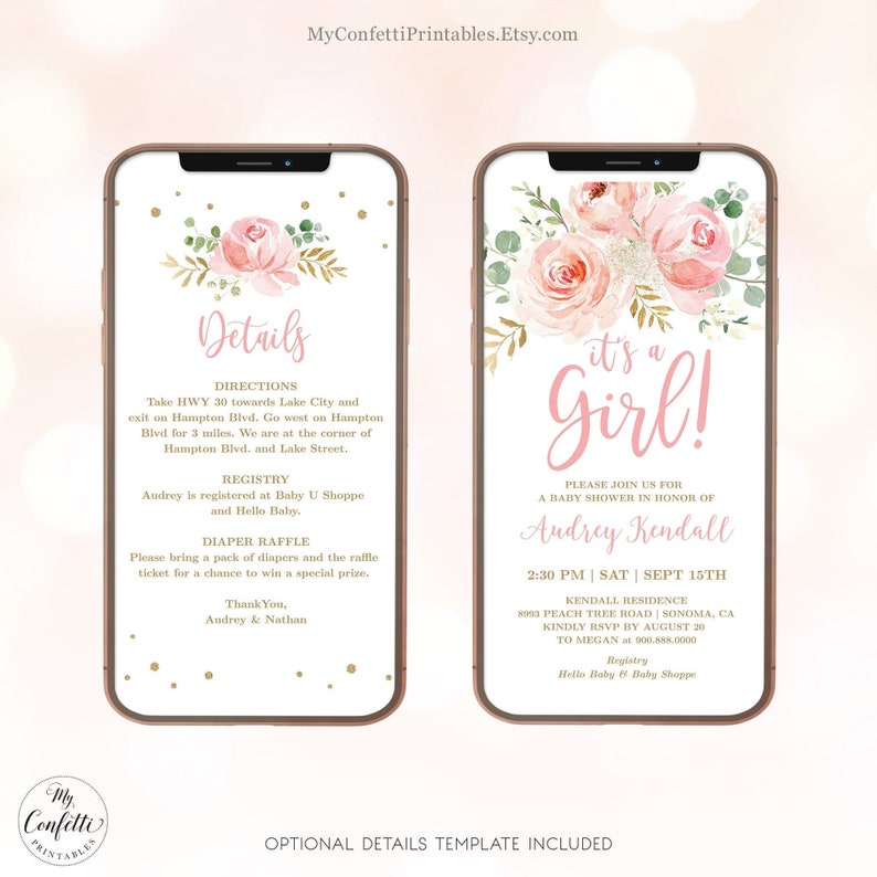 DIGITAL Baby Shower Invitation, Electronic, Girl Baby Shower Invite, Editable, It's a Girl, Blush Pink Floral, Textable, MCP820, CJB image 1