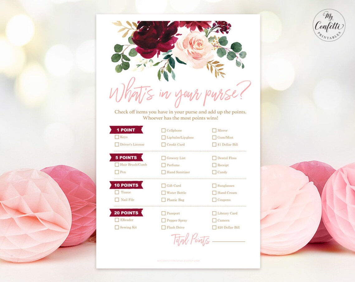 What's in Your Purse Game Baby Shower Game, Pink Burgundy Floral, Boho ...