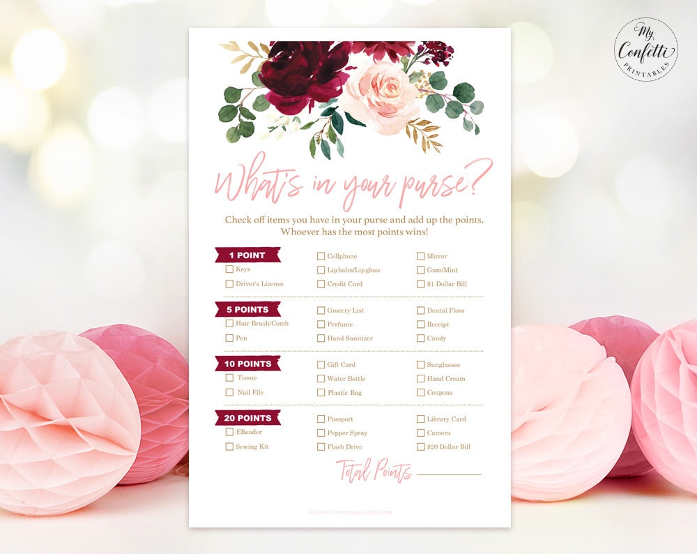 What's in Your Purse Game Baby Shower Game, Pink Burgundy Floral, Boho ...