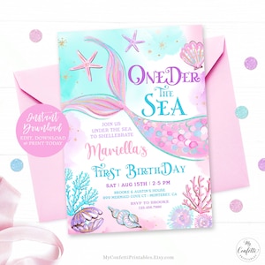 Mermaid First Birthday Invitation, Oneder the Sea, Editable, Template, Printable, Girl, Party, First, 1st, Tail, Little, One, MCP106, CJB