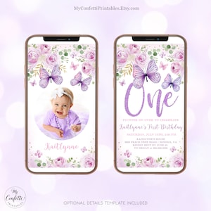 Butterfly First Birthday Digital Invitation Template, 1st, One, Glitter, Lavender, Purple, Editable, Textable, Phone, Girl, MCP105, CJB