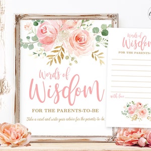 Advice for Parents-To-Be or Mom-To-Be Sign and Note Cards, Printable Baby Shower Words of Wisdom, Mom To Be, Blush Pink Floral, MCP820