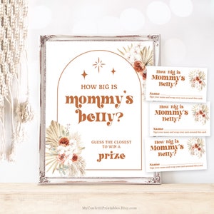 How Big is Mommy's Belly Game, Printable Baby Shower Game Sign and Cards, Pampas, Palm, Boho, Retro, Terracotta, Girl or Boy, MCP111