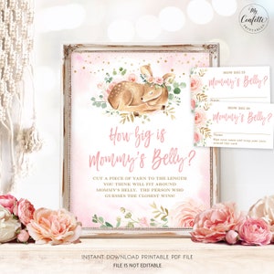 How Big is Mommy's Belly Game Sign and Answer Cards, Printable Baby Shower Game, Girl Baby Shower, Baby Deer, Pink, Blush, MCP838