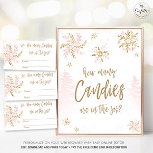 Baby Shower Game Sign and Answer Cards, How Many Candies are in the Jar?, Printable Baby Shower Game, Winter Snowflake, Pink, MCP842
