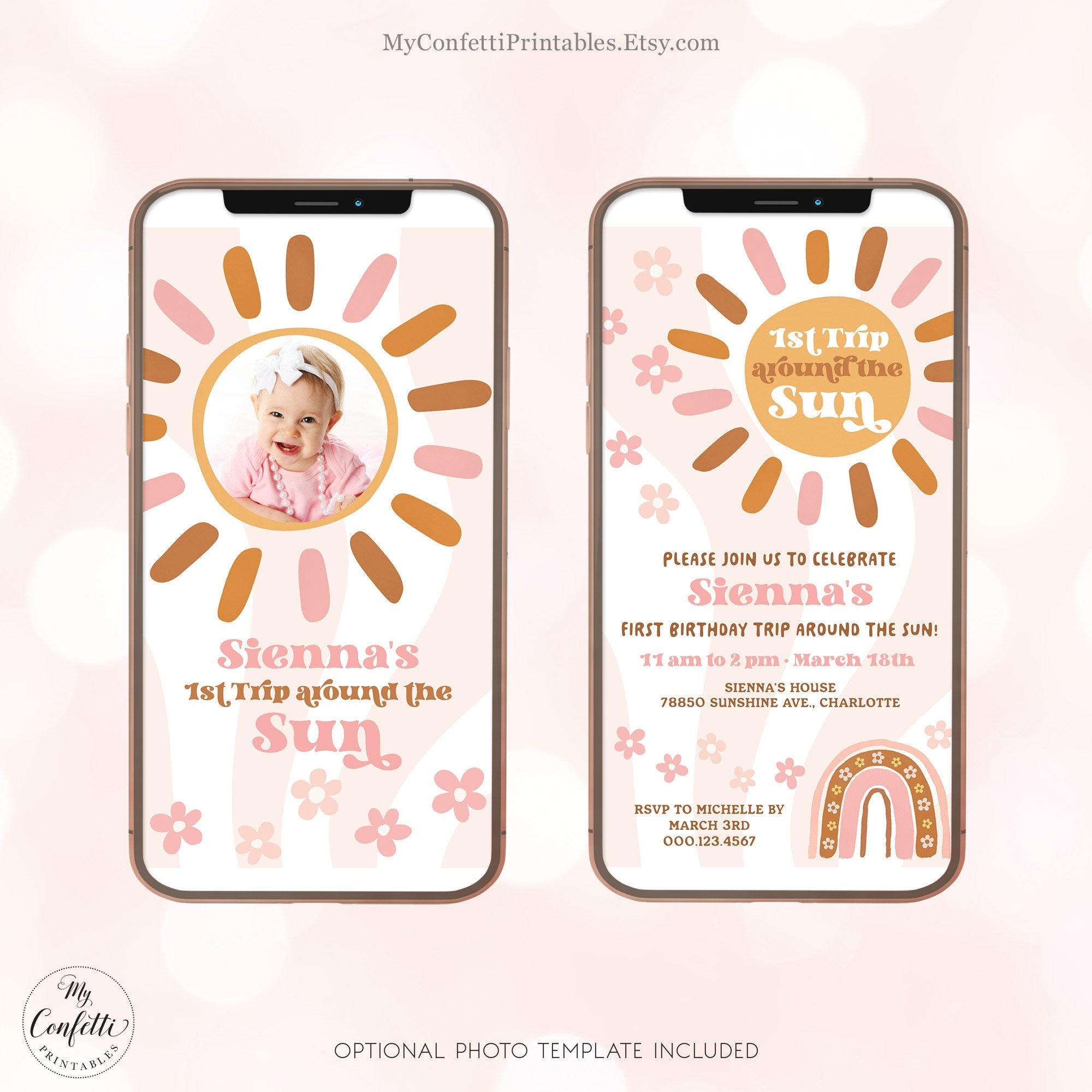Digital First Birthday Invitation, First Trip Around the Sun, Editable, Template, Electronic, 1st, Invite, Retro, 70s, Girl, MCP100, CJB